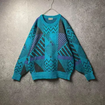 vintage 니트 스웨터 에메랄드 그린 올 패턴 아트 와이드 소매