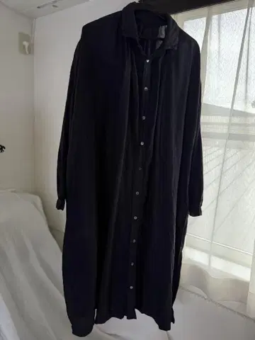 린넨 100% 블랙 긴팔 와이드 셔츠 원피스
