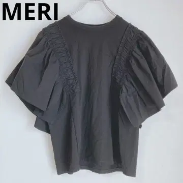 MERI 반팔 티셔츠 볼륨 소매 쿨넥 리브 블랙 F