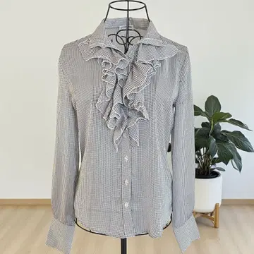 나라 까미체 프릴 블라우스 긴팔 깅엄 체크 화이트 블랙 오피스 캐주얼