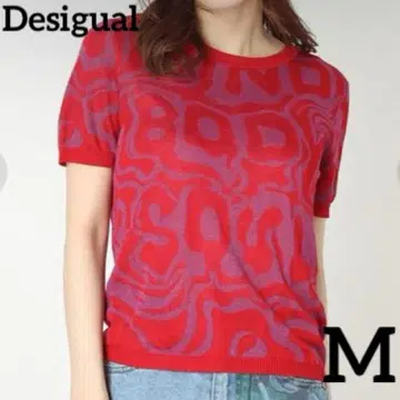 새상품급 Desigual 자카드 니트 반팔 라메 믹스 M 레드