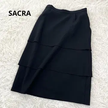 새상품급 사쿠라 SACRA 울 혼방 티어드 롱 스커트 일본제 고급 블랙