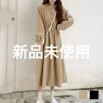 택 포함 프릴 넥 셔츠 원피스 베이지 여성용 플레어 스커트