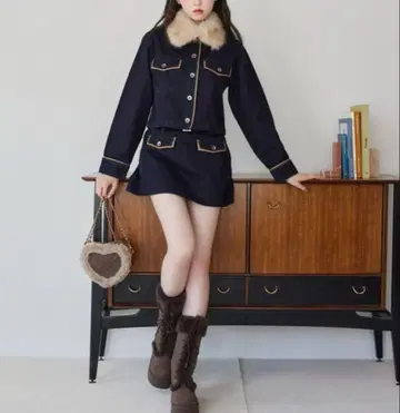 NICECLAUP 인조 모피 옷깃 파이핑 자켓 파이핑 미니 스커트