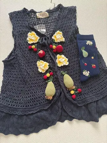 핑크하우스 후르츠 모티브 니트 베스트 삭스 2세트 네이비 새상품