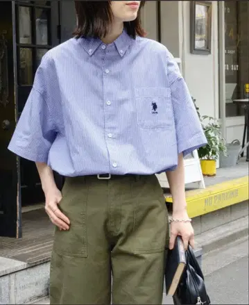 U.S. POLO ASSN. 별주 로고 자수 반팔 버튼 다운 소매 셔츠