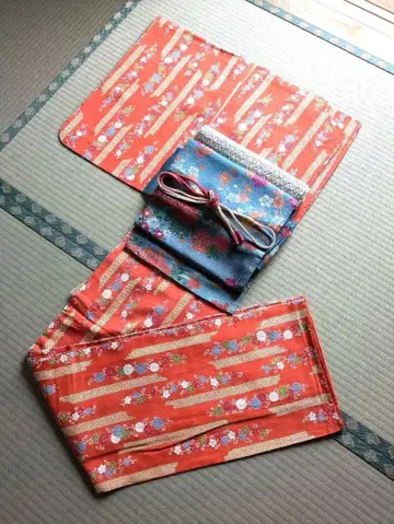 오렌지 꽃무늬 코몬 순수 실크 이중 기모노 앤티크 빈티지 에도풍