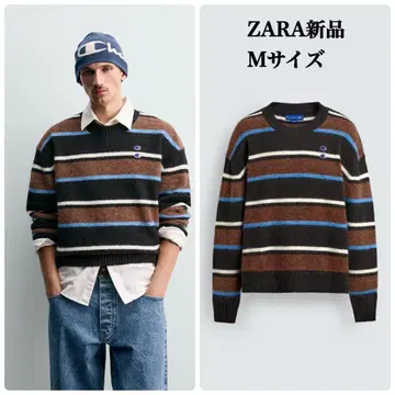 ZARA 챔피온 콜라보 스트라이프 패턴 패치 스웨터 M 택 포함 새상품