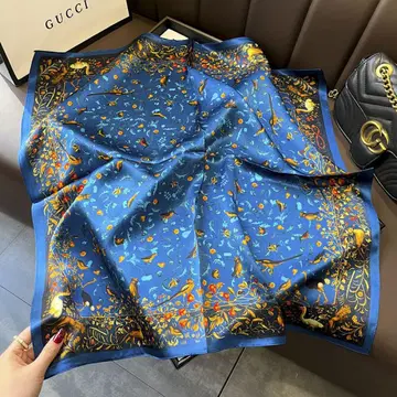 꽃과 새 프린트 스카프 파랑