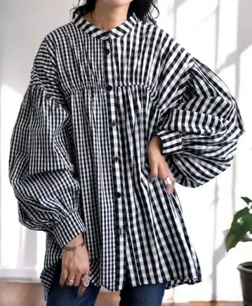 안티카 벌룬 슬리브 체크 무늬 셔츠