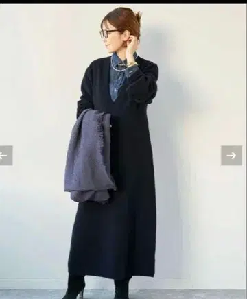 Plage 캐시미어 네이비 후카V 니트 롱 원피스 플라주
