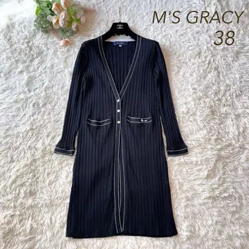 새상품급 M'S GRACY 스티치 리브 롱 가디건 블랙 38