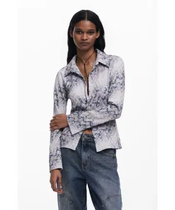 블라우스 셔츠 웨이브 프린트 셔츠 블라우스 여성용 desigual