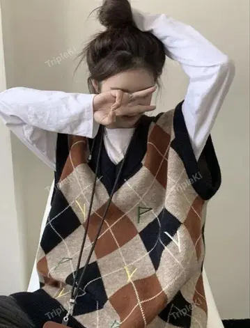 SHEIN 문자 자수 아가일 격자 무늬 스웨터 베스트