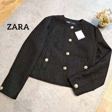 새상품 ZARA 골드 버튼 노카라 트위드 자켓 블랙 S사이즈