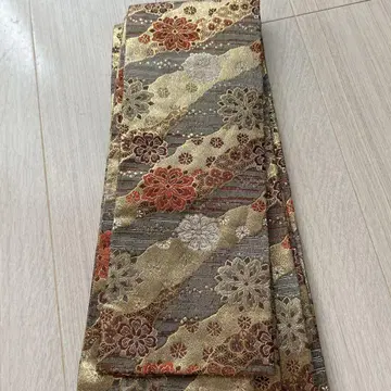 꽃무늬 반폭 오비 골드 컬러 레드 브라운