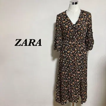 ZARA 롱 원피스 꽃무늬 슬릿 블랙 오렌지 S 4729N