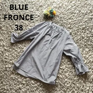 블루 프론세 블루 스트라이프 개더 블라우스 밴드 카라 7부 소매 38