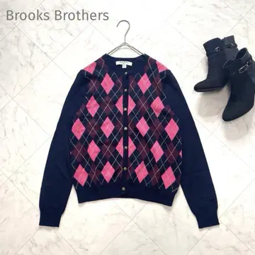 브룩스브라더스 아가일 무늬 가디건 골드 버튼 핑크 네이비