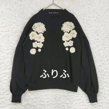 후리후 벌룬 슬리브 긴팔 니트 일본풍 패턴 꽃무늬 자수 블랙