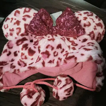 디즈니 팬캡 미니 레오파드 무늬 복슬복슬 모자 핑크