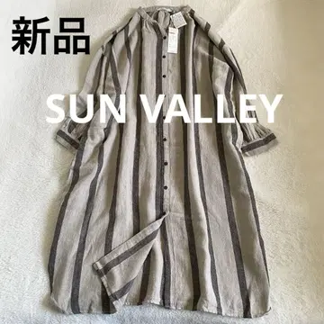 새상품 SUN VALLEY 코튼 린넨 스트라이프 셔츠 원피스 밴드 카라