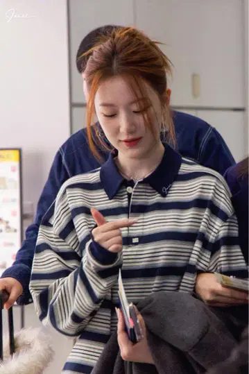 Viaplain 스트라이프 피케 셔츠 네이비
