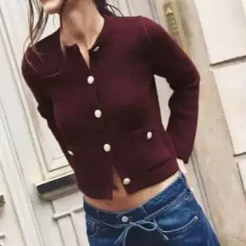 ZARA 골드 버튼 니트 가디건 버건디