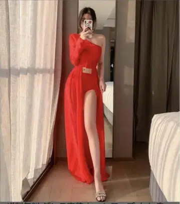빨간색 댄스 의상 한쪽 소매 슬릿 코스프레 KPOP
