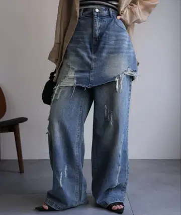 ap retro 스커트 레이어드 데미지 데님 팬츠