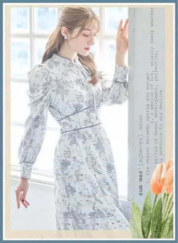 토코 리본 달린 스탠드 칼라 클래시컬 플라워 프린트 머메이드 원피스