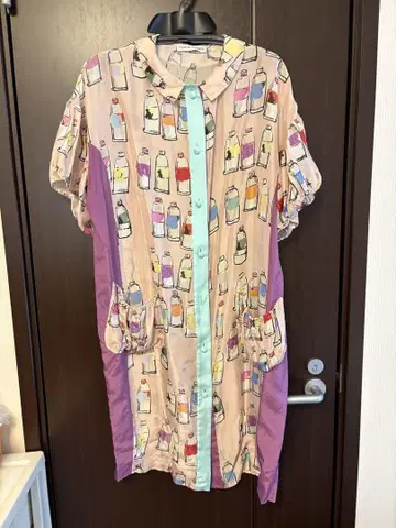 츠모리치사토 물감 패턴 실크 반팔 원피스