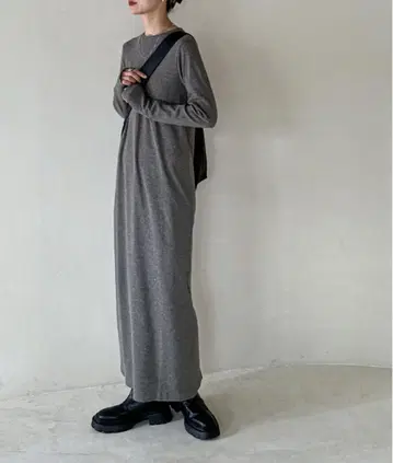 feepur 컷 리브 롱 원피스 차콜 그레이 M 페퓨르