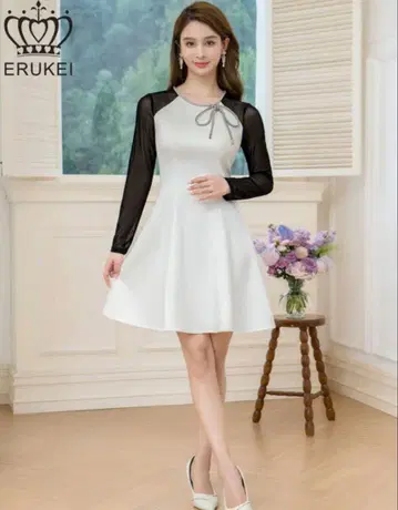 ERUKEI 화이트 블랙 A라인 미니 드레스