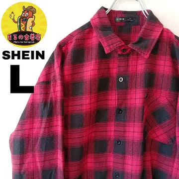 USA 구제 의류 SHEIN 플란넬 셔츠 L 블랙 레드 옴브레 체크