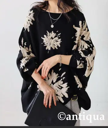 antiqua 꽃 무늬 돌먼 니트 블랙 계열