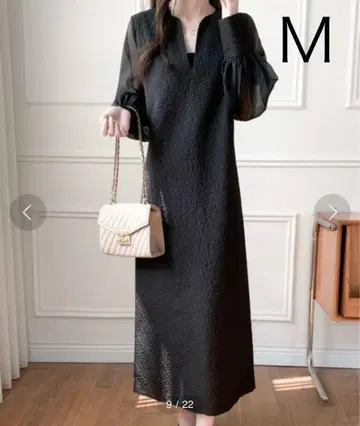 ECLIN 푸쿠레 자카드 시어 슬리브 긴팔 키 넥 원피스 M 사이즈