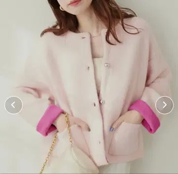 FOX 혼 플레이팅 니트 자켓 핑크 배색 바이컬러 니트 코트