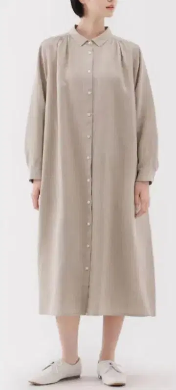 무인양품 여성 린넨 워싱 긴팔 셔츠 원피스 아이보리 베이지 M
