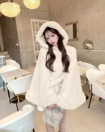 셰리미 후드 부착 리본 판초 코트 화이트