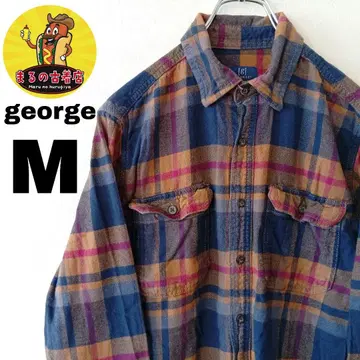 USA 구제 의류 george 플란넬 셔츠 M 네이비 오렌지 체크