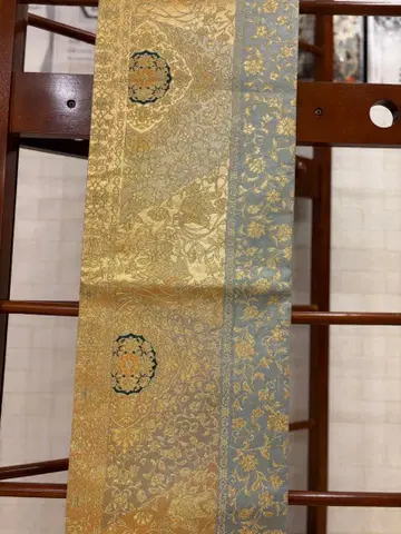 후쿠로 오비 골드 컬러 파란색 꽃무늬 자수
