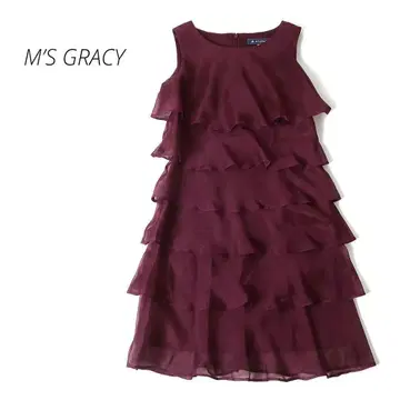 새상품급 M'S GRACY 티어드 프릴 쉬폰 원피스 보르도 색상
