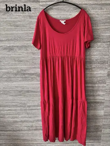brinla 새상품급 빨간색 롱 원피스 반팔 하이웨이 개더 절개 빅
