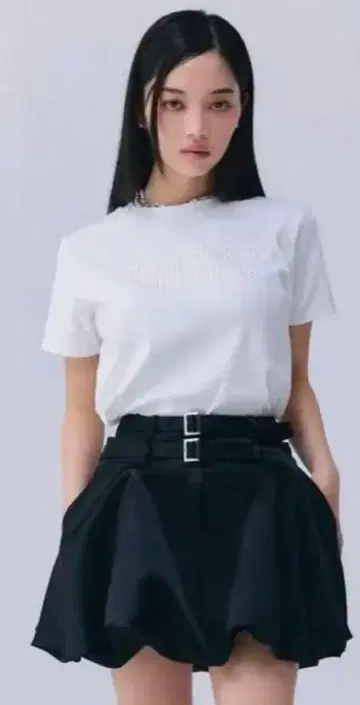 더블 벨트 새틴 미니 스커트 블랙 M