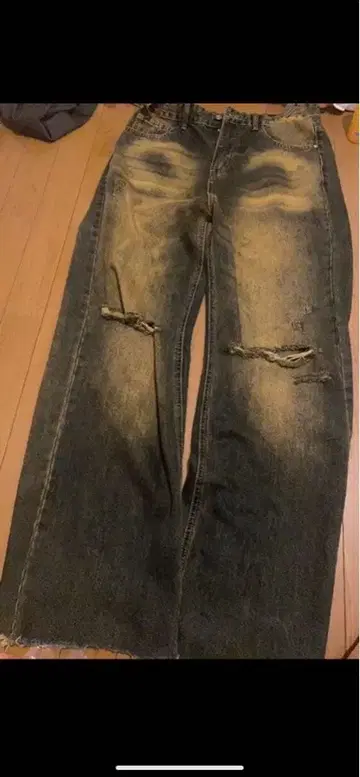 다크 데님 와이드 레그 청바지 데미지 가공