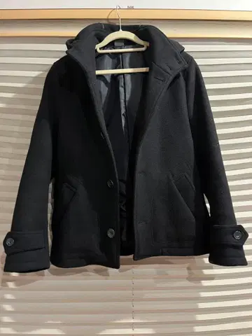 남성용 블랙 울 피코트 후드 부착