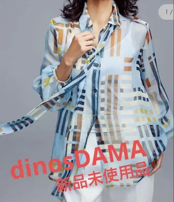dinos DAMA/스카이블루 기하학 패턴 긴팔 셔츠 리본 포함 15호