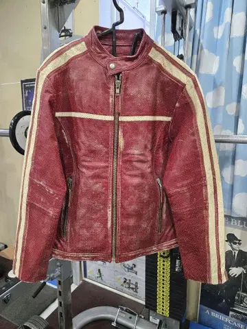 레어 가죽 라이더 자켓 메쉬 빈티지 가공 레드 스트라이프