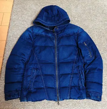 데님풍 원단 인디고 블루 다운 자켓 후드 부착 더블 지퍼